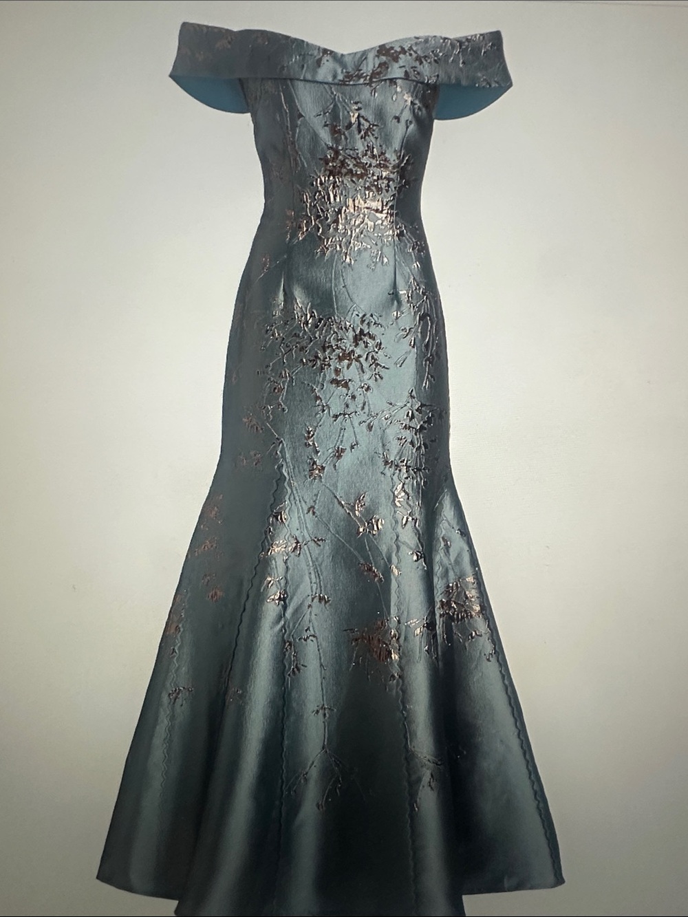 Rene Ruiz Teal Off-Shoulder Embroidered Mermaid Gown